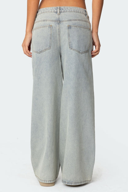 Side Stripe Washed Low Rise Baggy Jeans