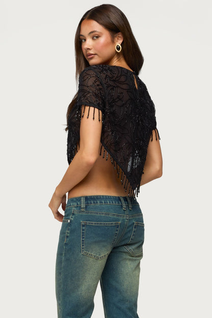 Yanna Beaded Fringe Poncho Top