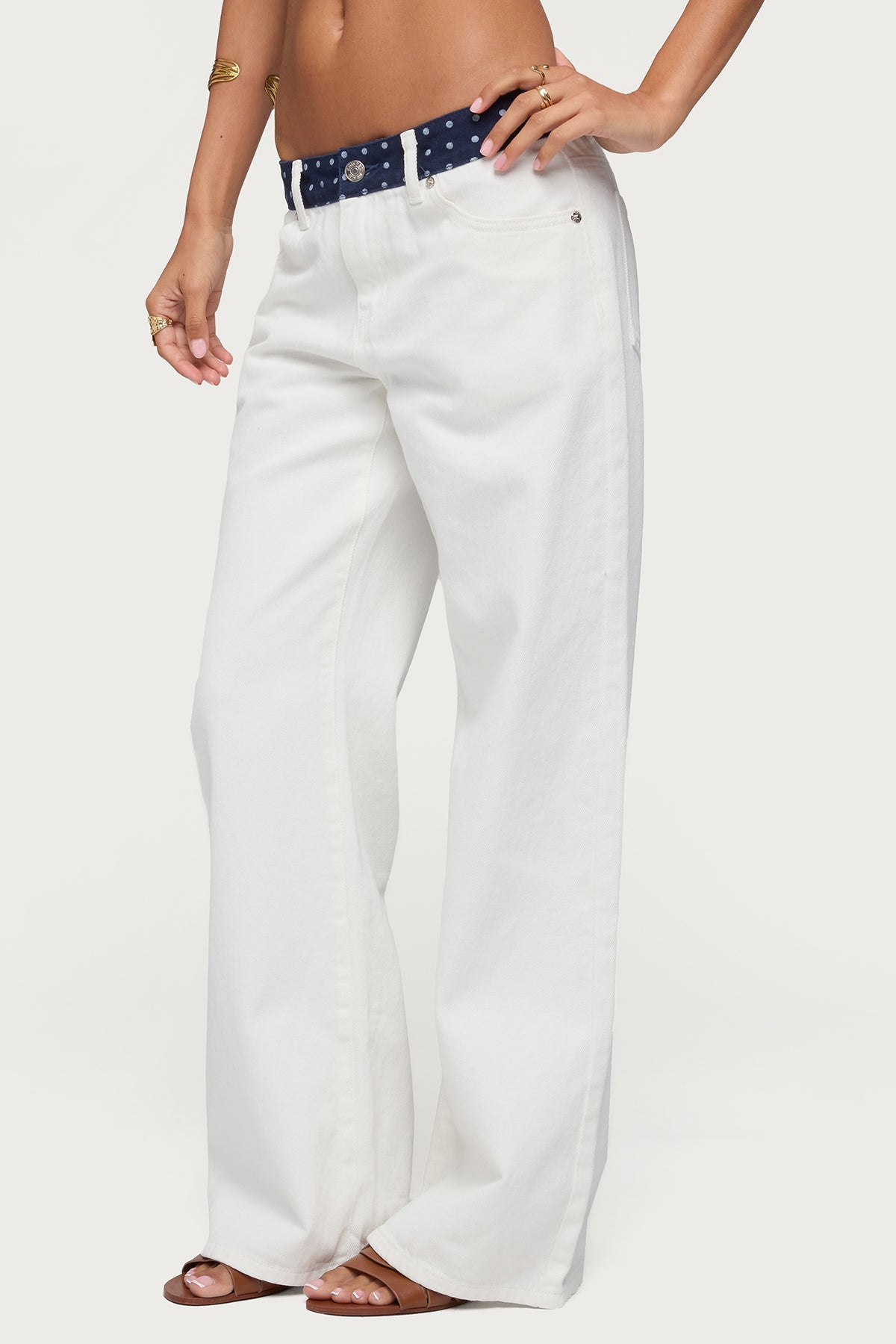 Polka Dot Waistband Low Rise Baggy Jeans