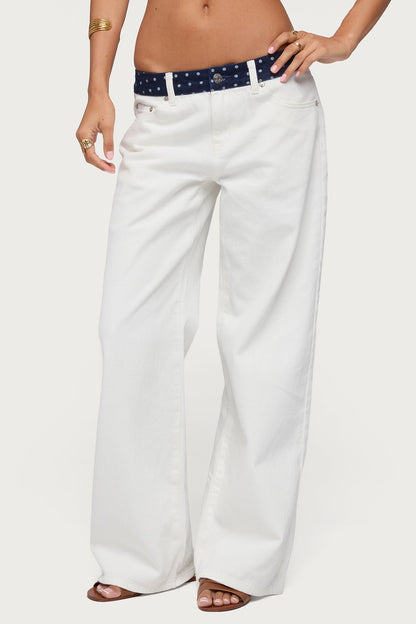 Polka Dot Waistband Low Rise Baggy Jeans