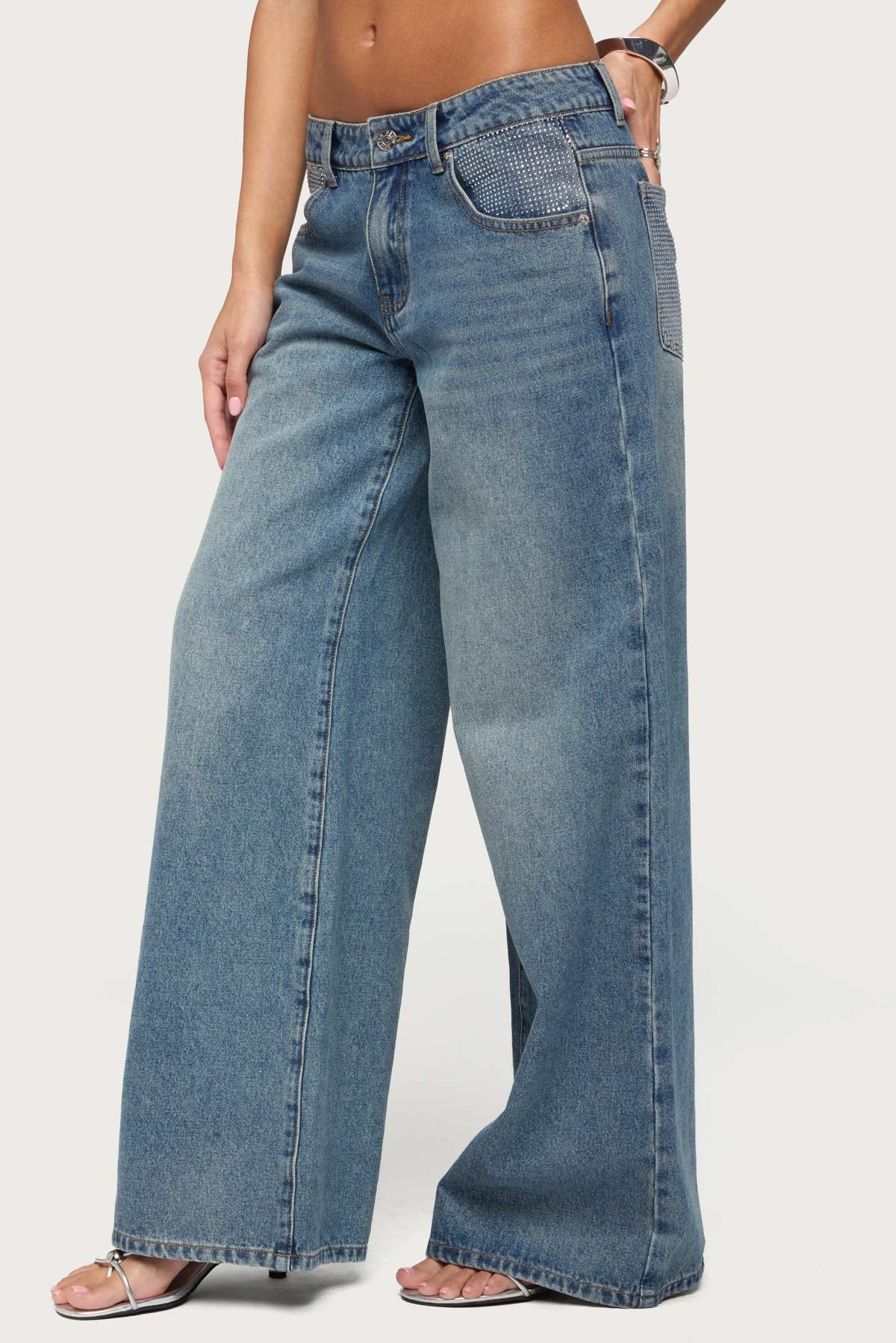 Rhinestone Low Rise Wide Leg Jeans