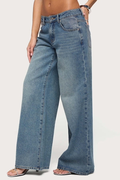 Rhinestone Low Rise Wide Leg Jeans