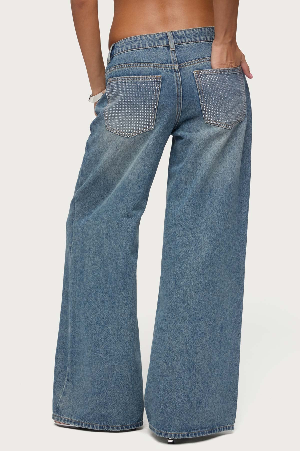 Rhinestone Low Rise Wide Leg Jeans
