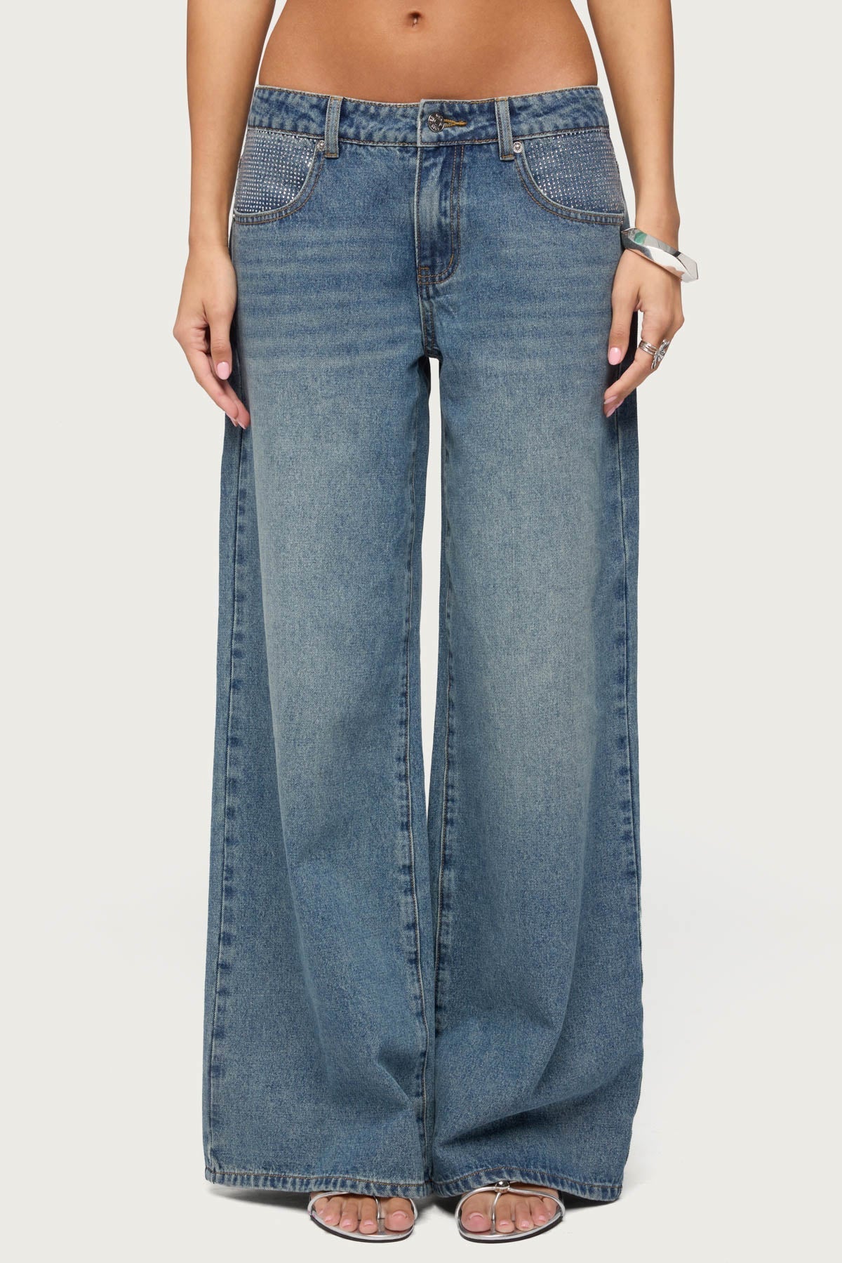Rhinestone Low Rise Wide Leg Jeans