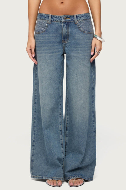 Rhinestone Low Rise Wide Leg Jeans