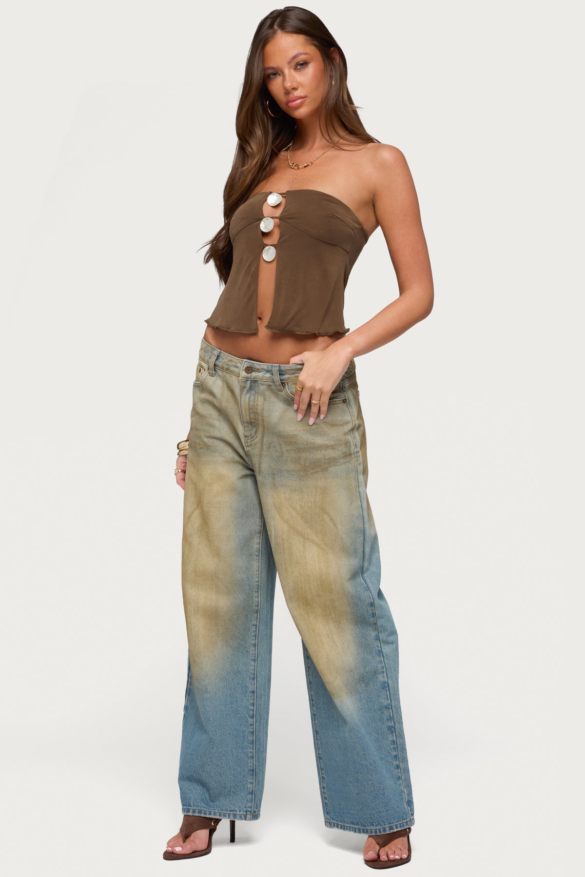 Lee Iridescent Strapless Cutout Top