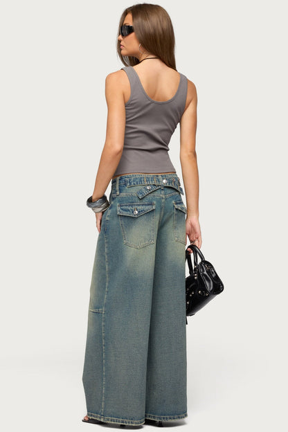 Adjustable Button Low Rise Baggy Jeans
