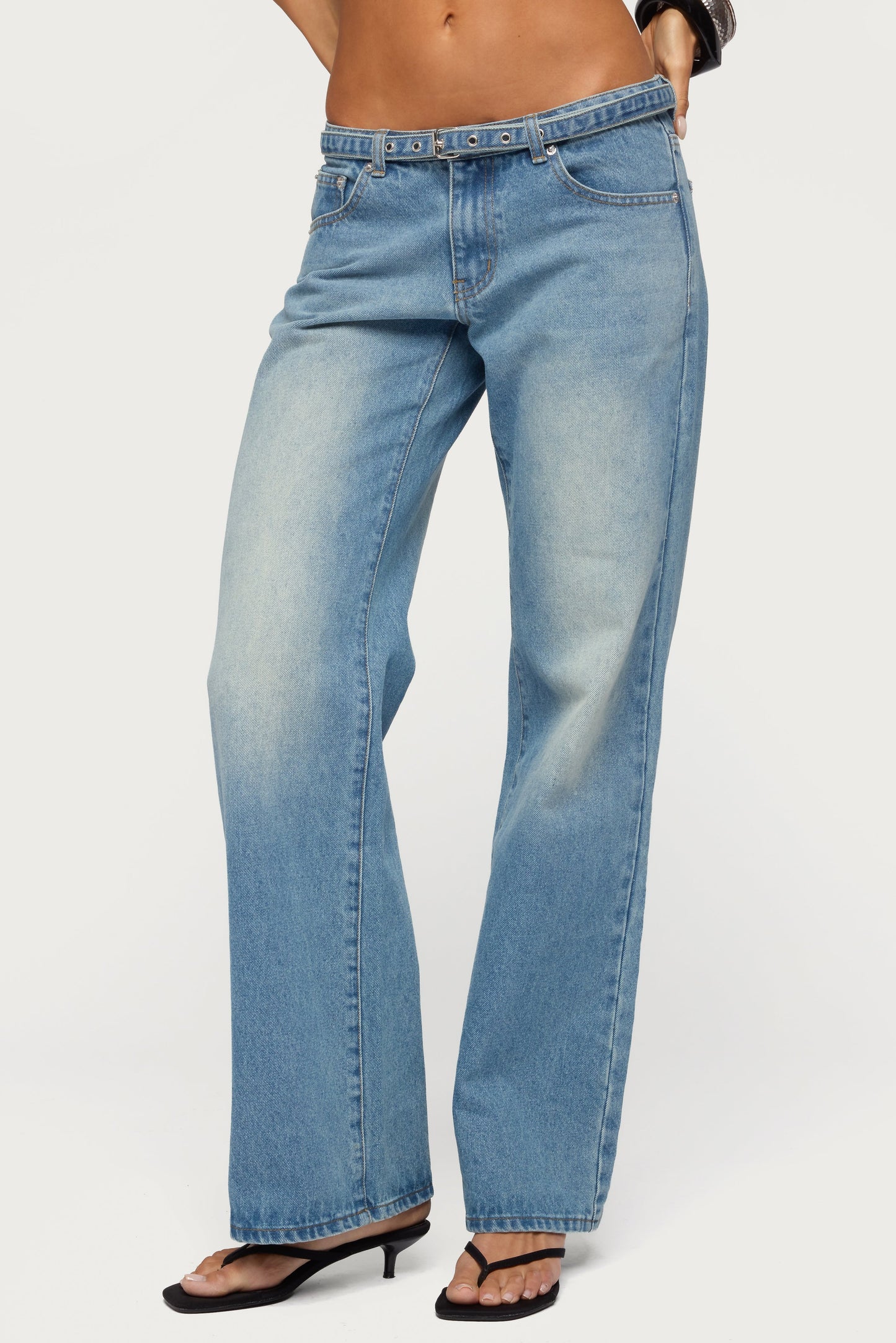 Belted Low Rise Straight Leg Jeans