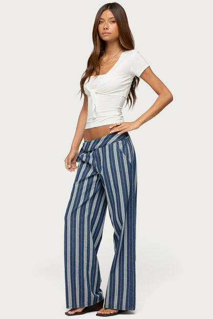 Belt Striped Low Rise Baggy Jeans