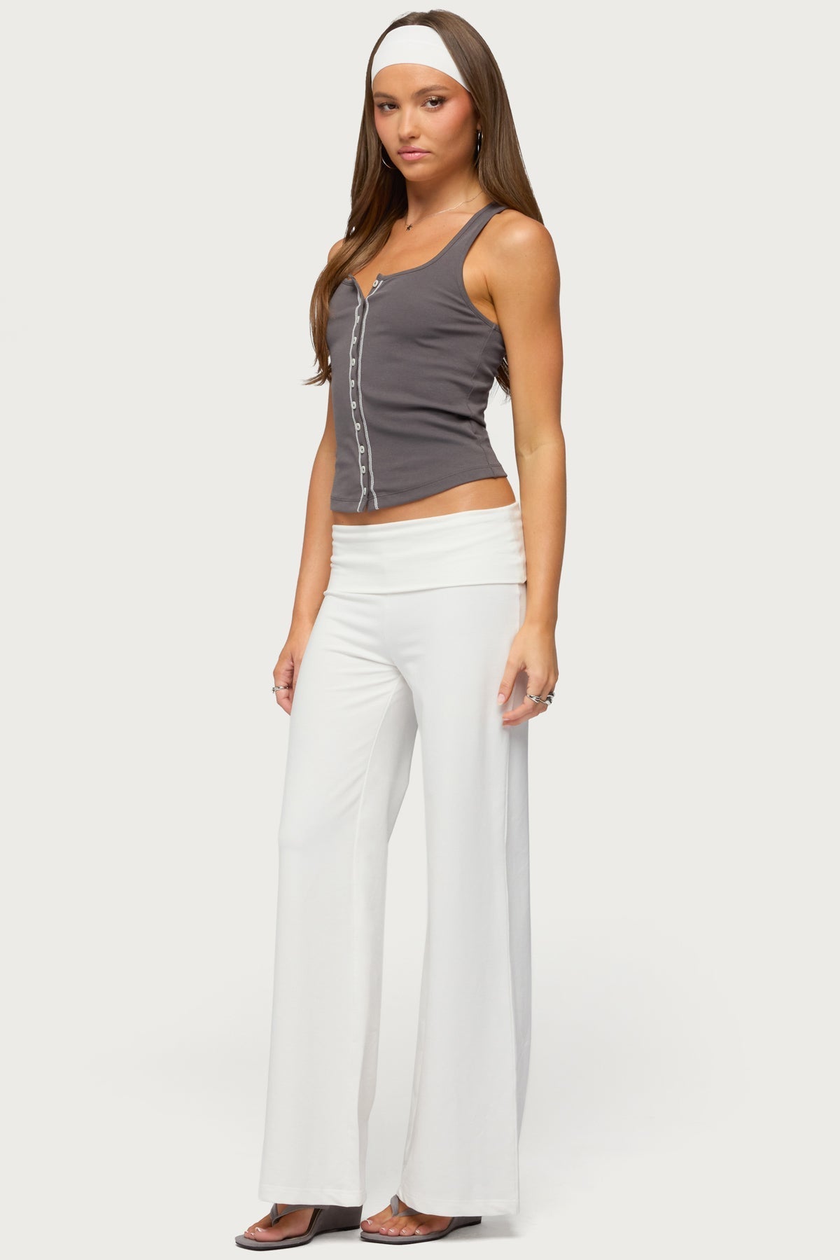 Contrast Button Up Ribbed Tank Top