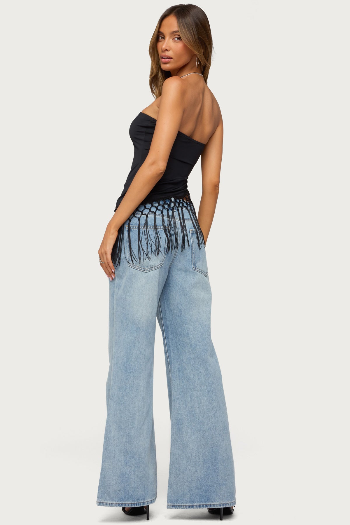 Sarika Asymmetric Fringe Strapless Top