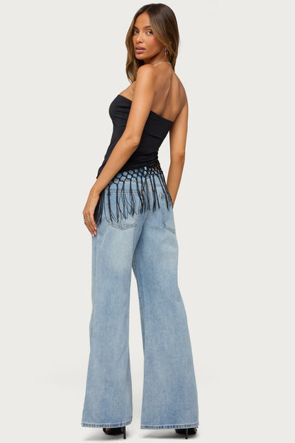 Sarika Asymmetric Fringe Strapless Top